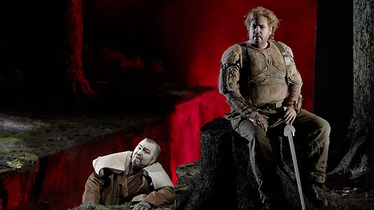 Stephen Gould as Siegfried and Hans-Peter König as Fafner