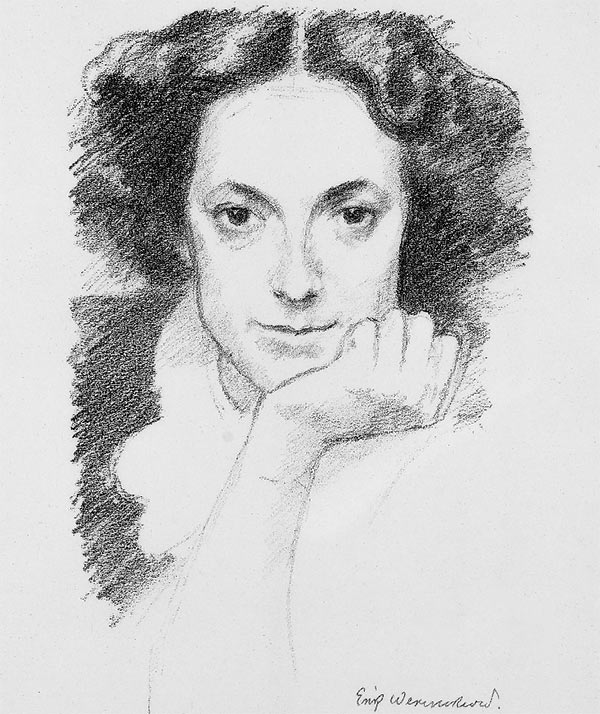 Fanny Elstad portrettert av Erik Werenskiold. Litografi